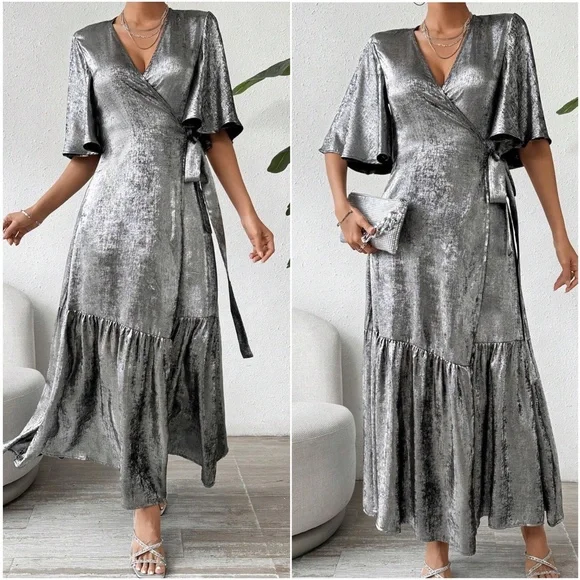 Luxe Metallic Flounce Sleeve Evening Formal Party Dress - Picture 2 of 3